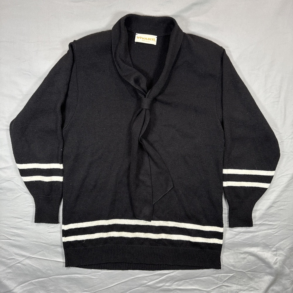 VTG Vivanti 80s Black Stripe Knit Sweater Womens‎ Sailor USA Made Shoulder Pads